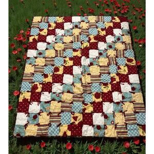 Handmade Patchwork Quilt-Red blue white yellow Rose floral Lap Quilt 50"x60"